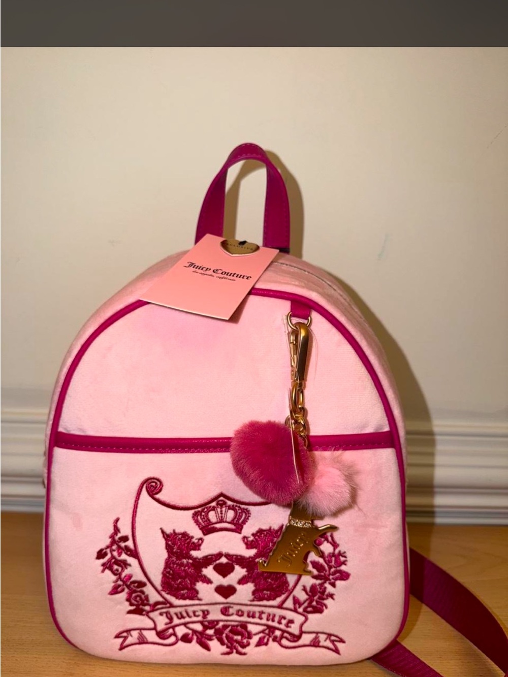 Juicy Couture Pink Velvet Kids Mini Backpack with Pom Charm